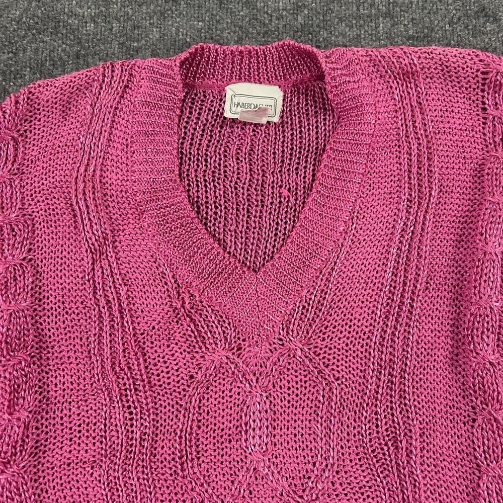 Haberdasher Sweater Womens Size M Pink Ramie Blend V-Neck Cable Knit Open Weave